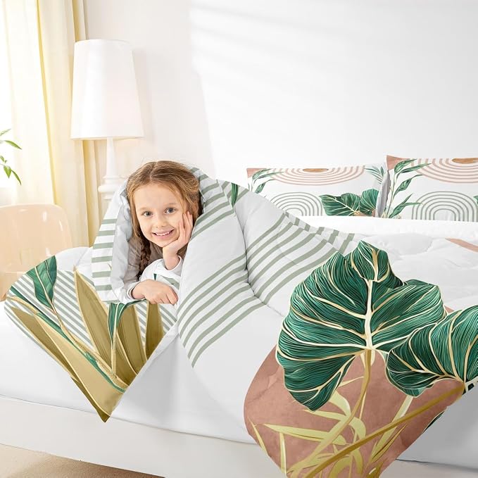 Erosebridal Pink and Green Boho Comforter Set King Aesthetic Mid Century Bedding Set for Kids Boys Girls Simple Line Botanical Leaf Art Comforter Modern Minimalist Tropical Quilt Duvet