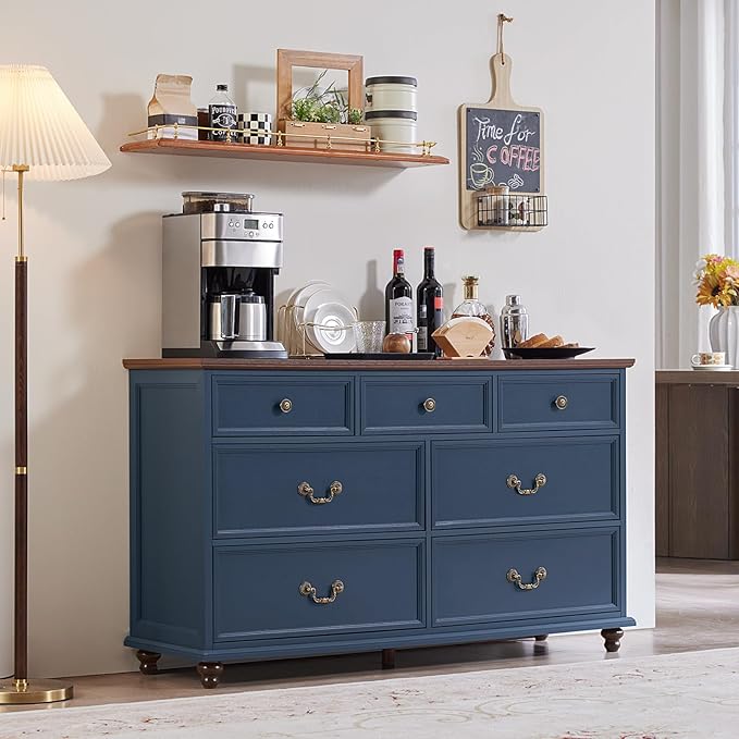 Farmhouse 7 Drawers Dresser Sets of 2 for Bedroom, Navy Blue 54 Inch Wide Chest of Drawers w/ 4 Wooden Legs, Large Vintage Rustic Closet Dressers for Living Room, Wood TV Stand