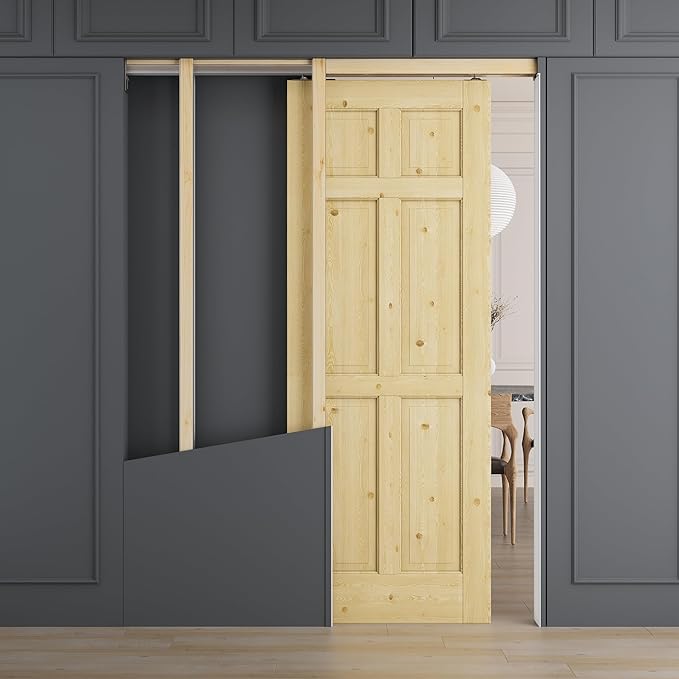 30" x 80" 6 Panel All-Inclusive Soft Close & Solid Core Sliding Pocket Door, Pine Wood Door with Frame & Hardware Kit, Pocket Interior Doors for Home, Unfinished