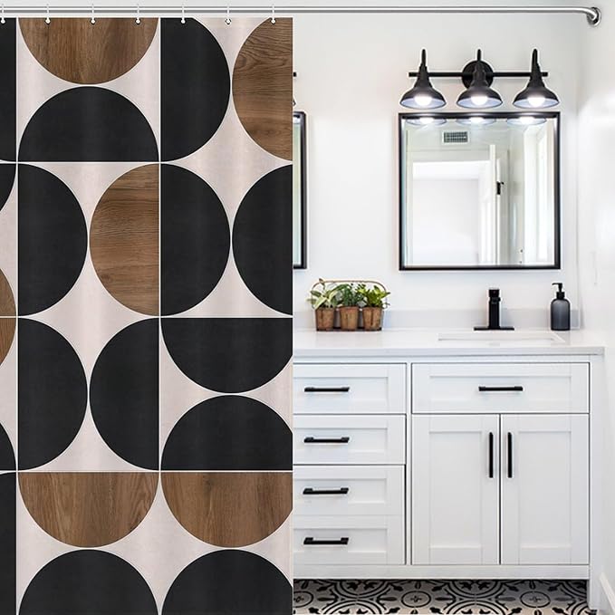 Mid Century Circle Patterned Shower Curtains Modern Black Brown Wood Board Texture Washable Waterproof Fabric for Bathroom Decor Bathtub with 12 Hooks 66x72in（168x183cm）