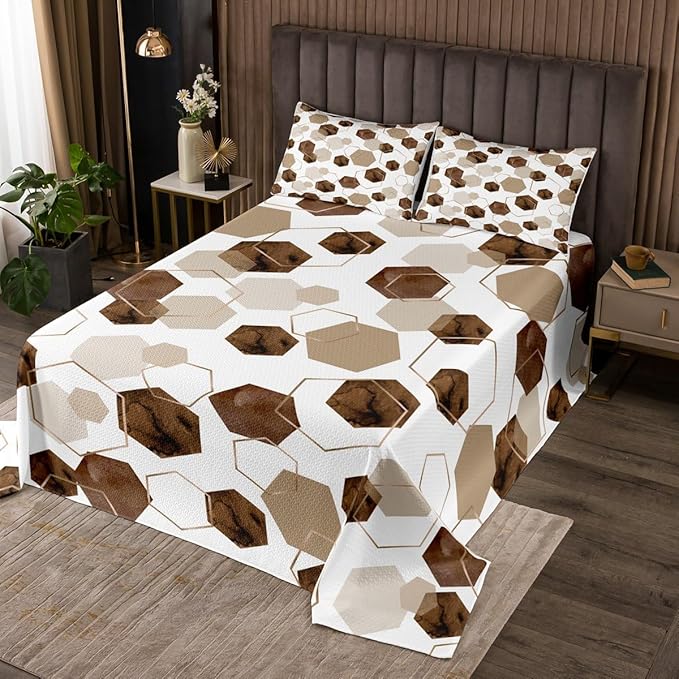 Erosebridal Brown Geometric Quilt Set | Royal Blue Modern Abstract Kids Coverlet Set Geometric Marble Art Bedspread Sets Queen | Watercolor Hexagon Print Bedding Sets for Men Women