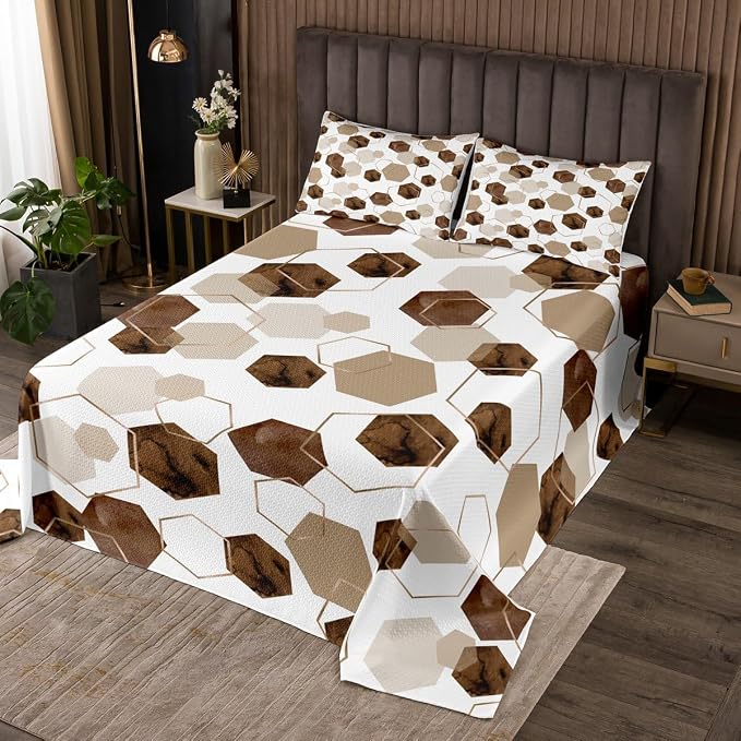 Erosebridal Brown Geometric Quilt Set | Royal Blue Modern Abstract Kids Coverlet Set Geometric Marble Art Bedspread Sets King | Watercolor Hexagon Print Bedding Sets for Men Women