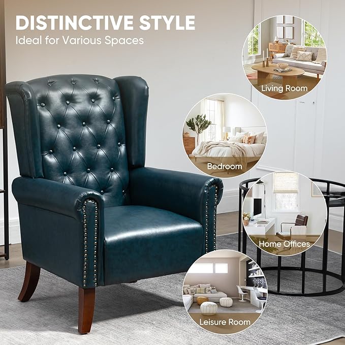 MOJAY Modern PU Leather Accent Chairs Set of 2, Mid-Century Living Room Chairs Upholstered Club Arm Chair, Single Sofa Chair with Solid Wooden Legs for Bedroom Study Home Office Reception (DarkBlue)