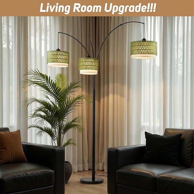 Rattan Floor Lamp for Living Room, 80 Inch Tall Boho Floor Lamp with Rotary Switch, 3 Lights Arc Lamp with Green Wicker Shade for Coastal,Bohemian,Tree Farmhouse Standing Lamp