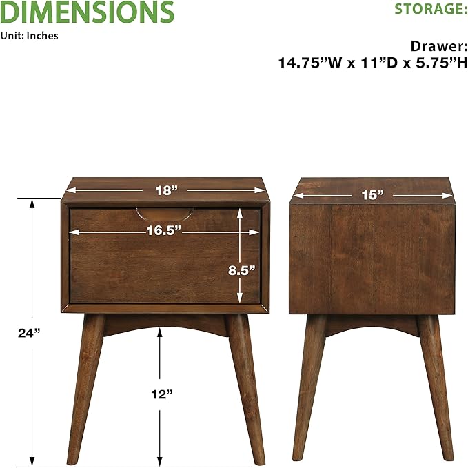 OSP Home Furnishings Copenhagen Mid-Century Modern Accent Table, Large Storage Drawer, Tapered Legs, Walnut Finish