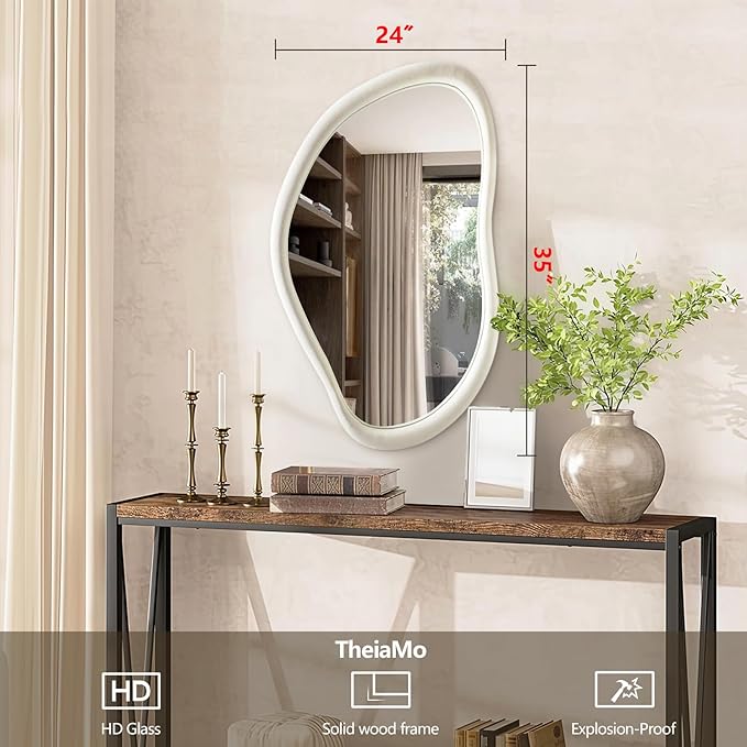Irregular Wall Mirror Asymmetrical Mirror, 35"x24" Flannel Wrapped Wood Vanity Mirror, Decorative Wave Mirrors for Living Room Bathroom Entryway, Horizontal/Vertical, Ivory