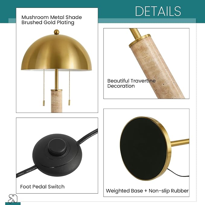 Modern Floor Lamp for Living Room - 62" Tall Standing Lamp Mid Century Gold Corner Floor Lamp with Foot Switch and Unique Travertine Decor Pole Floor Reading Lamp for Bedroom Office