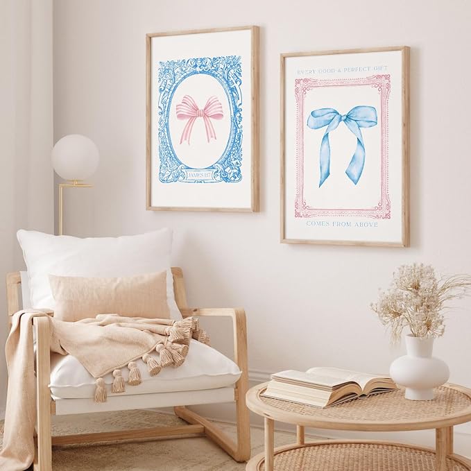 Preppy Bow Wall Art Decor Set of 2 Coquette Canvas Wall Decor Aesthetic Pictures Trendy Girly Wall Art Pink Blue Bow Prints Christian Bible Verse Poster for Bedroom Living Room 12x16 Inch Unframed