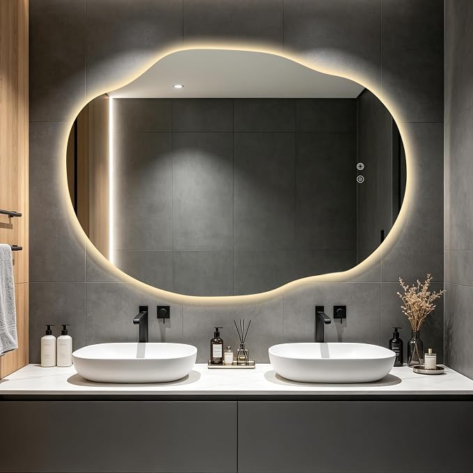 Asymmetrical Bathroom Mirror with Lights,Irregular LED Bathroom Vanity Mirror with Backlit,Anti-Fog,3 Colors and Dimmable Light with Memory,Hardwired Supported[Horizontal/Vertical] 55" H x 40" W