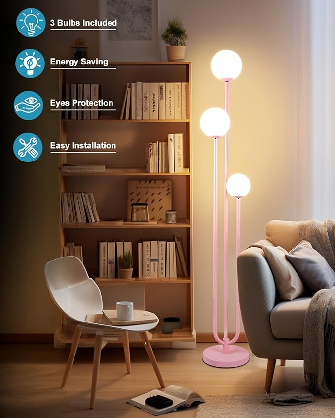 Lightdot 63IN Pink Floor Lamp Mid Century Modern Floor Lamp with 3 Globe 3000K Bulbs Included, 3 Lights U-Style Standing Lamp for Wedding Party/Living Room/Bedroom/Sofa Beside/Corner Decor