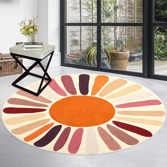 Garvee Round Area Rugs 3Ft, Washable Cute Sun Print Nursery Rug, Low Pile Non Slip Circle Rug for Bedroom Kids Room, Accent Rainbow Print Round Carpet for Classroom Playroom, Colorful Brown
