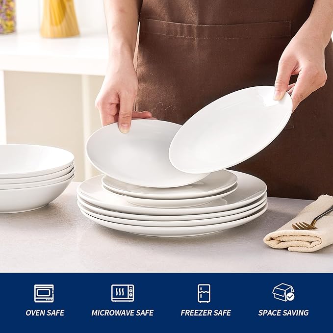 Bestone 12-Piece Round Porcelain Dinnerware Set, Service for 4, Chip Resistant Plates and Bowls,White, Dishwasher & Microwave Safe for Home Daily Use
