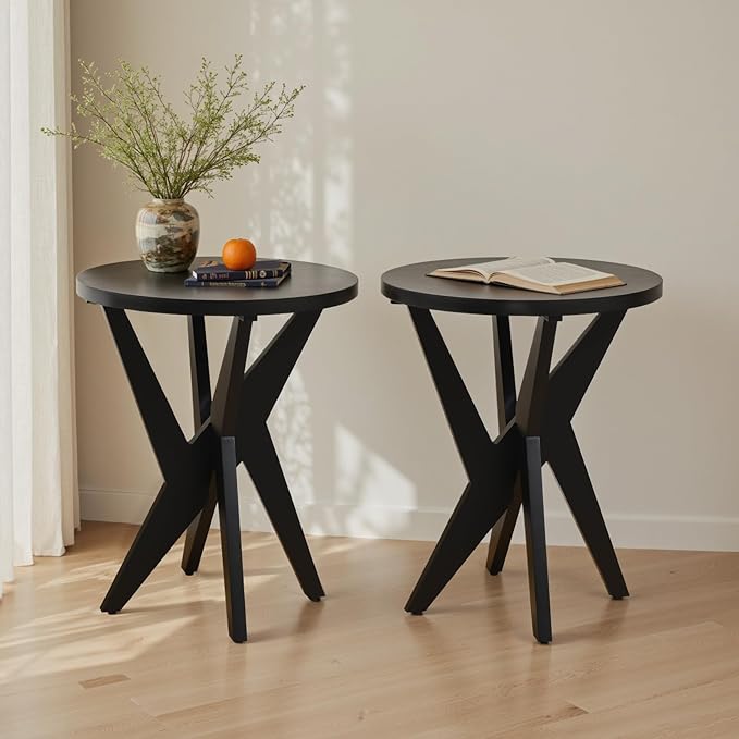 Modern Black Round End Table Set of 2, Mid-Century Accent Side Table with MDF Top and Crossed Legs for Living Room, Bedroom, Small Spaces, Industrial & Minimalist Style
