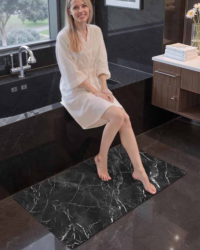 Color&Geometry Black Marble-Patterned Ultra-Thin Bathroom Rug, Non Slip, Washable and Quick Dry Shower Mat, 17"x30" Small Luxury Shower Mat for Bathroom Floor/Outside Shower