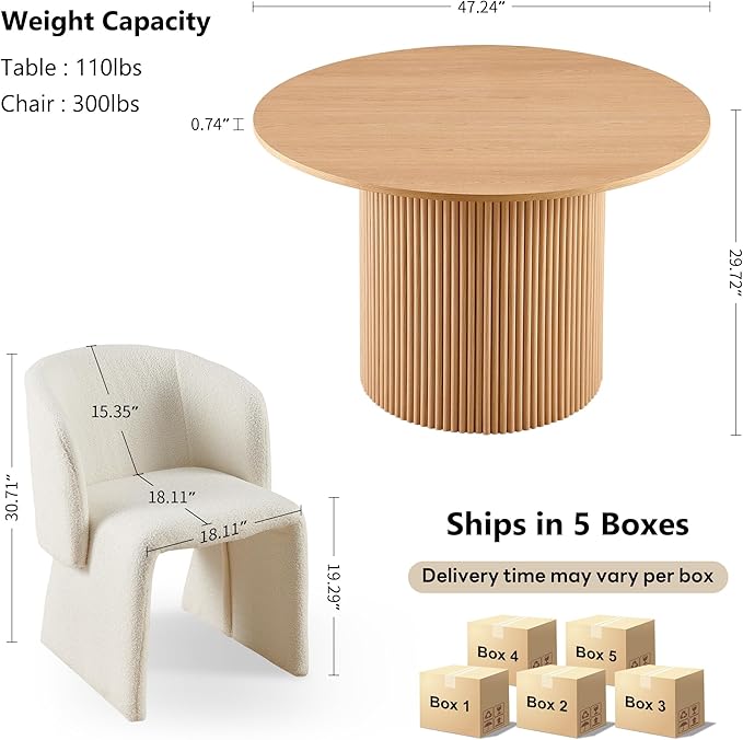NORDICANA 5-Piece Round Dining Table Set for 4, Rustic 47-Inch Kitchen Table and Chair Set, Dining Set with Off White Upholstered Armchairs, Manufactured Wood Top with Oak Veneer
