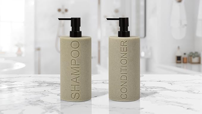 Resin 2 Pack Shampoo, Conditioner or Body Wash Dispenser Set, Luxurious Refillable Pump Bottles with Matte Pump Top and Embossed Text, Durable Design for Bathroom and Shower