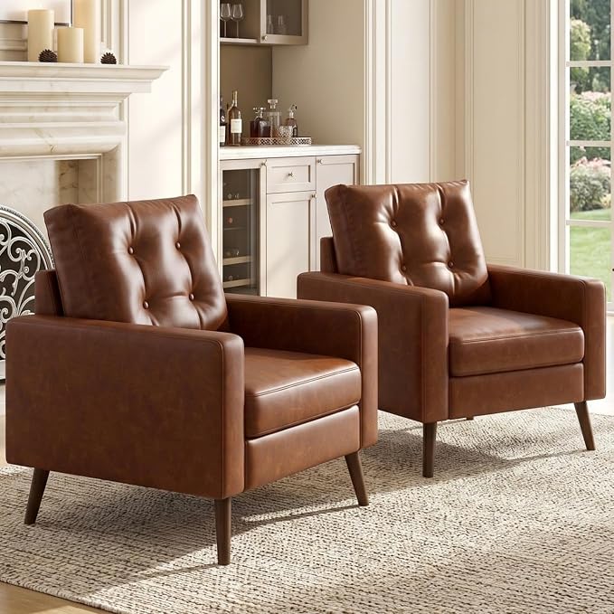 HNY Set of 2 Mid Century Modern Armchair, Button Tufted Faux Leather Accent Chair with Arm, Upholstered Club Chair for Living Room, Bedroom, Rubber Wood Legs, Caramel