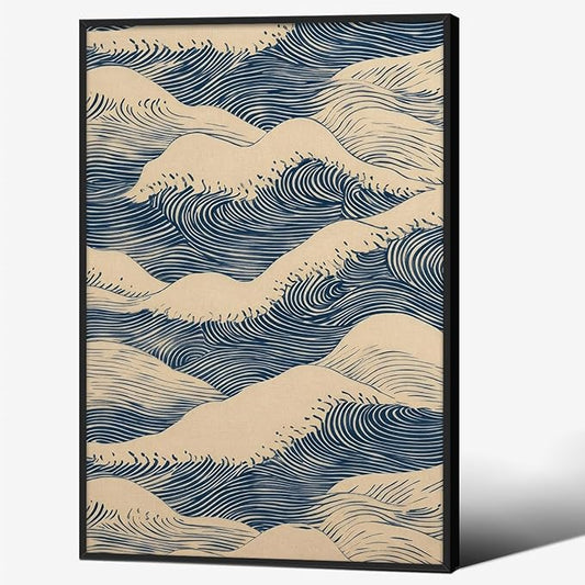 Japanese Blue Wave Canvas Poster Modern Abstract Geometric Wall Art 16X24 inch Black Framed Vintage Mid-Century Wabi Sabi Prints for Minimalist Living Room Dorm Wall Decor