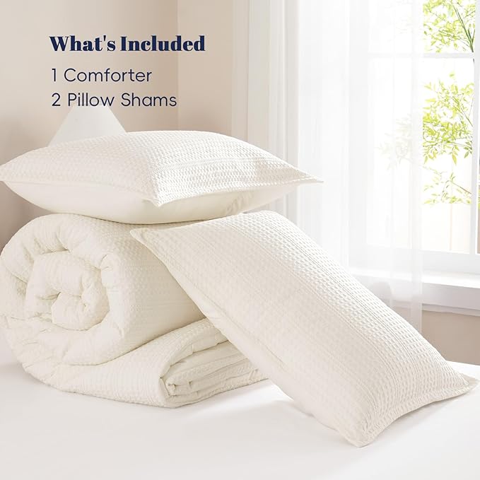 PHF 3 Pieces Cream Waffle Weave Comforter Set King Size - Ultra Soft Textured Waffle Comforter with 2 Pillow Shams, Lightweight Breathable Comfy Bedding Set for All Season, Cream