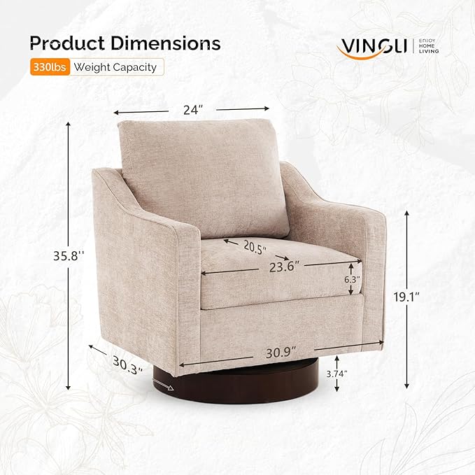 VINGLI Mid-Century Modern Swivel Accent Chairs Set of 2, 360°Upholstered Armchairs, Home Sofa with Track Arms for Living Room, Bedroom, Reading Room, Club Swivel Chairs, Chenille Khaki