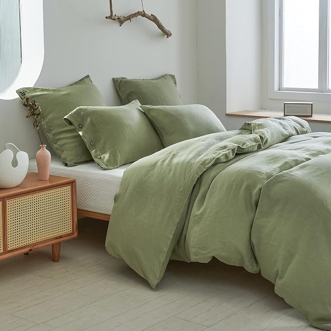 Simple&Opulence 100% Linen Duvet Cover Set 2pcs with Coconut Button Closure Natural French Washed Flax Solid Color Soft Breathable Farmhouse Bedding - Sage Green, Twin Size