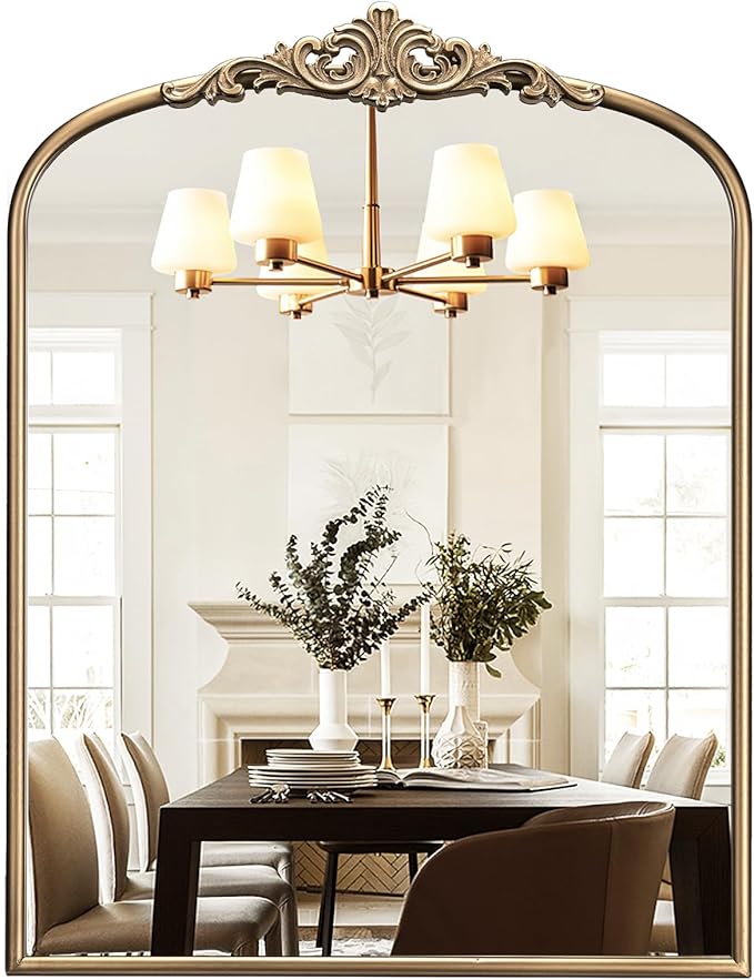 Arched Antique Gold Wall Mirror, 28"x36" Vintage Bathroom Mirror Over Sink, Ornate Arched Brass Wall Mirror for Fireplace, Living Room, Entryway, Bedroom, Hanging or Leaning
