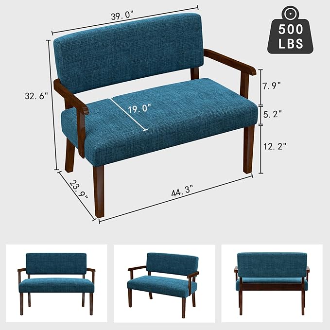 Accent Chair 2 Seat, Upholstered Reading Leisure Chair, Bench with Solid Wood Frame for Dining, Reading,Waiting Rooms (Blue)