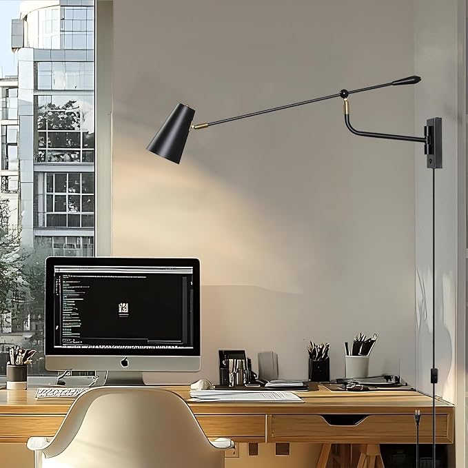 Rotatable Adjustable Direction Swing Arm Wall Sconce, 33" Dual Power Modes Plug-in/Hardwired, Vintage Industrial Black Wall Lamps for Living Room Bedroom Dining, E26 Bulb