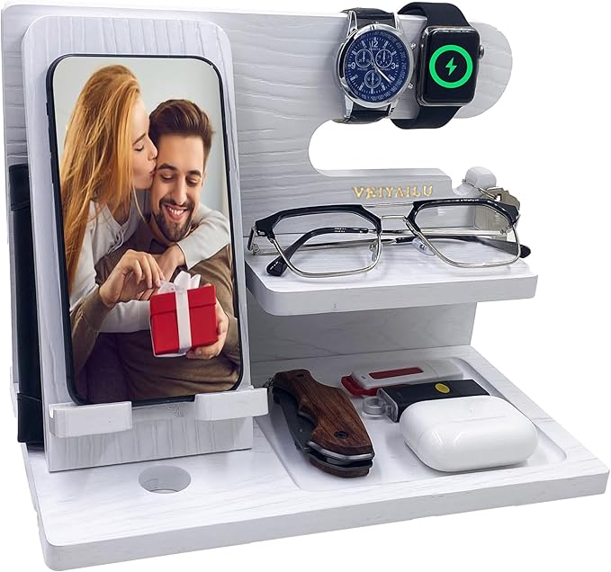 VEIYAILU Gifts for Women Girlfriend Men Him Husband Boyfriend Son Boss Wood Phone Docking Station Nightstand Organizer Anniversary Birthday Gifts (White)