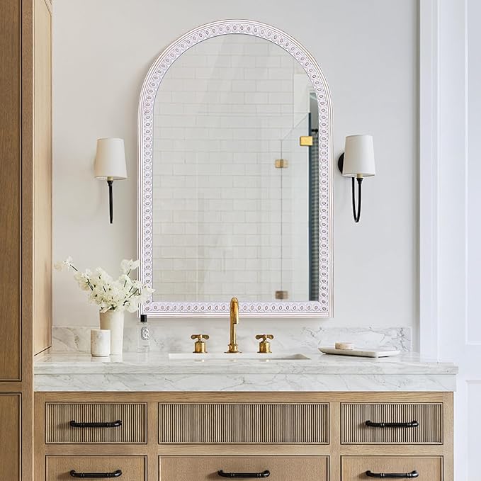 Decointo 36x24 Inch Rustic Farmhouse Arched Wall Mirror | Wooden Decorative Arch Mirrors for Bathroom Over Sink, Entryway, Living Room, Bedroom, Foyer