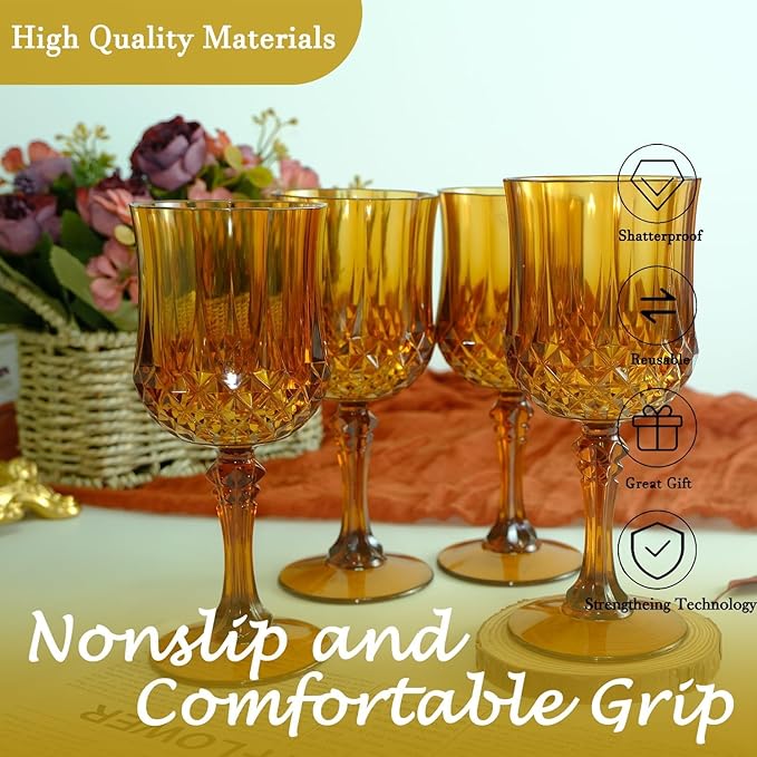 Plastic Wine Glasses, Plastic Goblets Vintage Style Cordial Drinking Glasses for Valentine’s Day, Wedding Reception, Grand Event Party Supplies (100, Amber)