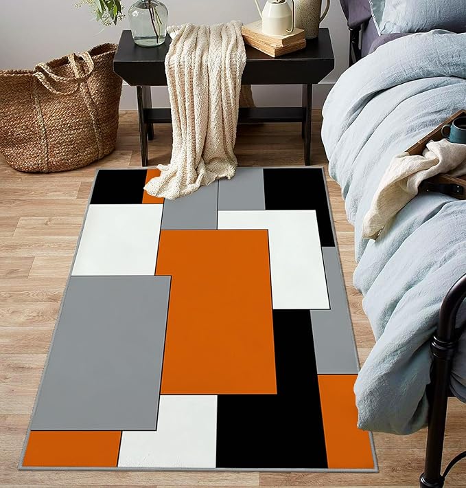 Ansouyi Orange Gray Non-Slip 5x7 ft Area Rugs, Washable Rug Carpet for Living Room, Abstract Color Block Geometric Home Decor Rugs for Game Room Classroom Bedroom Dining Kindergarten Room