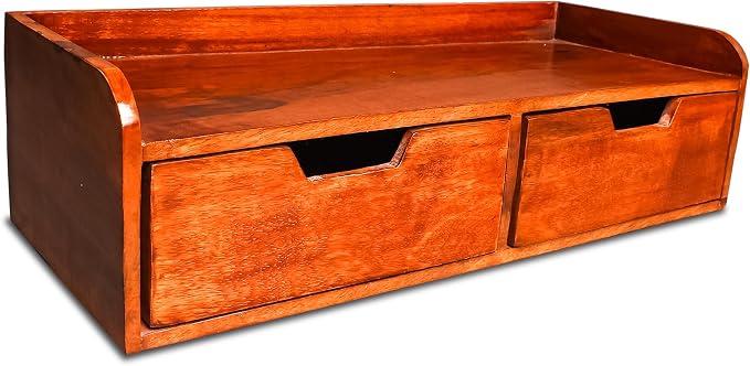 Wooden Desk Organizer with 2 Drawers – Handcrafted Solid Wood Storage Box for Office, Home & Study – Rustic Desktop Organizer for Files, Accessories & Stationery (STYLE 1, BROWN)