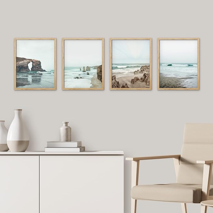 SIGNWIN Framed Rocky Storm Cloud Sky Beach Ocean Wall Art, Set of 4 Landscape Colorful Wall Decor Prints, Nature Wilderness Wall Décor for Living Room, Bedroom - 8"x10" Natural