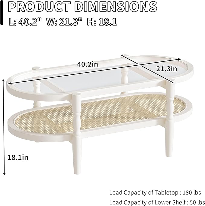 Rattan Coffee Table, Oval Cocktail Table with Glass Top and Solid Wood Frame, Boho Indoor & Outdoor Coffee Table, White, 40 in