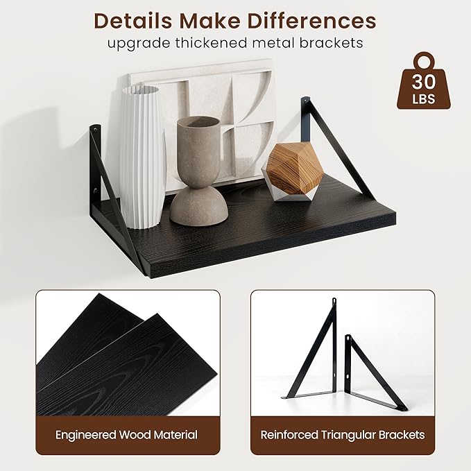 Axeman Deep Floating Shelves | 16 Inch Black Wall Shelves Set of 2 | 10 Inch Deep Wood Floating Shelves for Wall | 16" W x 10" D Black Shelves for Living Room Bathroom Kitchen