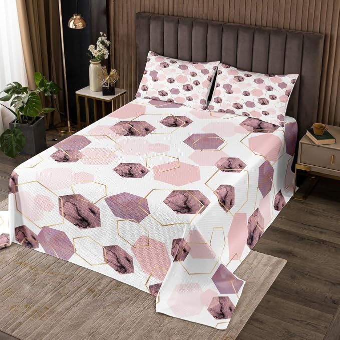 Erosebridal Modern Pink Quilt Set for Bedroom - Marbling Geometric Art Kids Coverlet Set, Girly Abstract Golden Striped Bedspread Sets for Home Decor, Twin 2 Pieces