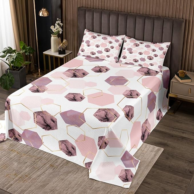 Erosebridal Modern Pink Quilt Set for Bedroom - Marbling Geometric Art Kids Coverlet Set, Girly Abstract Golden Striped Bedspread Sets for Home Decor, Queen 3 Pieces