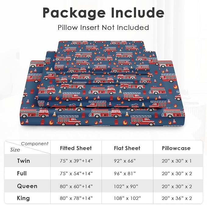 Pamnest Full Size Bed Sheet Sets, Fire Trucks Blue Soft Microfiber 4 Pcs Bedding Sets for Kids and Adults Bedroom Bed Decor, Red Car Vehicle Flat, Fitted Sheet and 2 Pillowcases