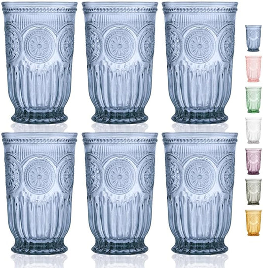 Blue Highball Glasses Set of 6 Tall Drinking Glasses 10 oz