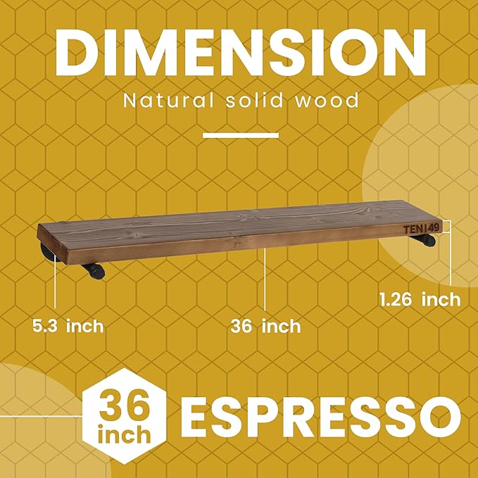 TEN49 Industrial Pipe Wood Wall Shelf - 36" Espresso Real Wooden Shelving - Modern Interior Decor Floating Shelves w/Iron Pipe Brackets - Rustic Farmhouse Style Bookshelf - Set of 2