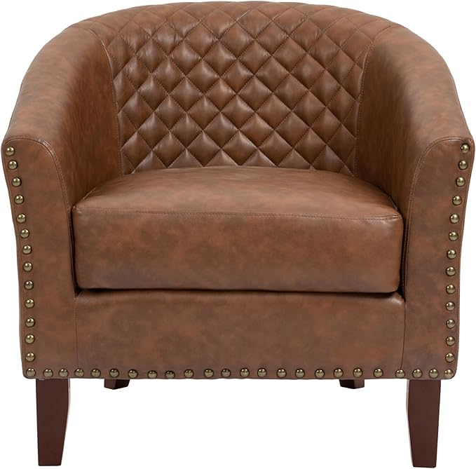 UIXE Faux Leather Barrel Accent Chairs Set of 6, Modern Club Upholstered Arm Chair, Comfy Armchair Nailed Trim Living Room Single Sofa Reading Seat Bedroom Side Sitting for Office, Brown