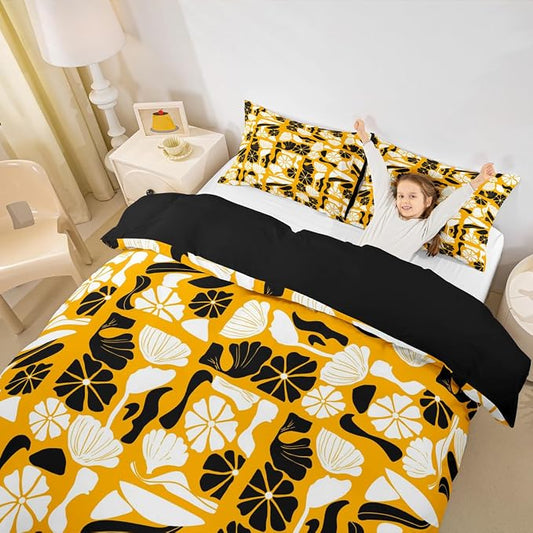 Boho Abstract Floral Duvet Cover King Vintage Patchwork Black White Plant Bedding Set Mid Century Retro Abstract Geometric Comforter Cover For Kids Adults,Botanical Flowers Modern Aesthetic Bed Set