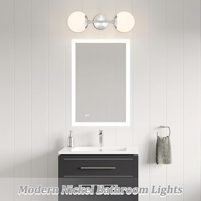 KoKo&Yukina Nickel 2 Light Vanity Light Fixtures Mid Century Modern Bathroom Vanity Light Globe Sconce with Milky White Glass for Bathroom Bedroom