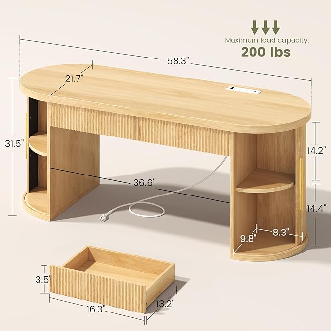 SEDETA Office Desk with 2 Drawers, 58.3" x 21.7" Fluted Computer Desk with 2 Sliding Doors Storage and Power Strip, Wood Executive Desk for Home Office, Light Oak