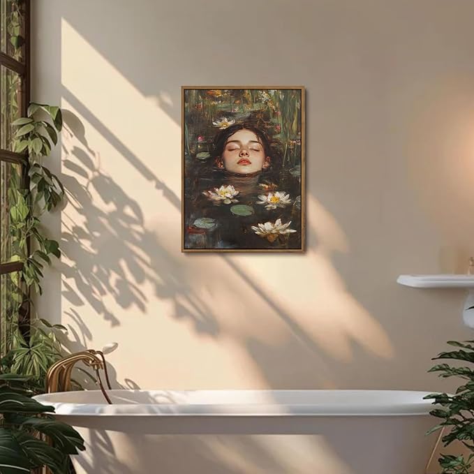 WALLZK Vintage Framed Wall Art Lotus Pool Canvas Prints Woman Portrait Artistic Painting Decor Artwork for Walls Living Room Bedroom Bathroom 16"x24"