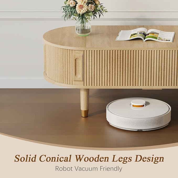 Oval Wood Coffee Table,Fluted Lift Top Coffee Table with Sliding Door and Solid Wood Legs,Suitable for Living Room,Home Office,and Apartment. (Lift Top Coffee Table-Oak)