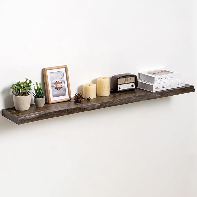 Fun Memories Floating Shelves for Wall Decor Set of 1-48 Inch Solid Elm Wood Live Edge - Rustic Walnut Wall Shelves with Invisible Brackets - for Living Room, Bedroom, Kitchen - Walnut Finish