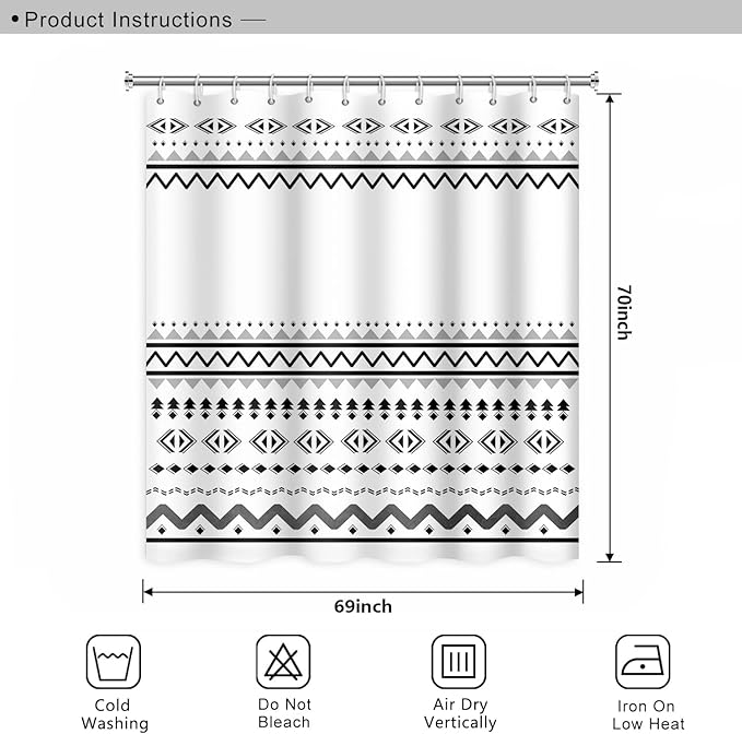 Abstract Pattern Bathroom Shower Curtain White Black Stripes Wave Waterproof Polyester Shower Curtains with Hooks Geometric Shower Curtain for Modern Home Decorative, 69x70 Inch