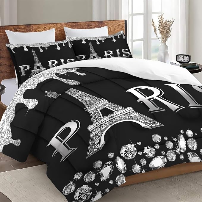 WeCozy Full Size Comforter Set with 2 Pillowcases, Silver Paris Eiffel Tower 3 Pcs Bedding for Kids and Adults, Black France French City Soft Comforter Set for Bedroom Bed Decor